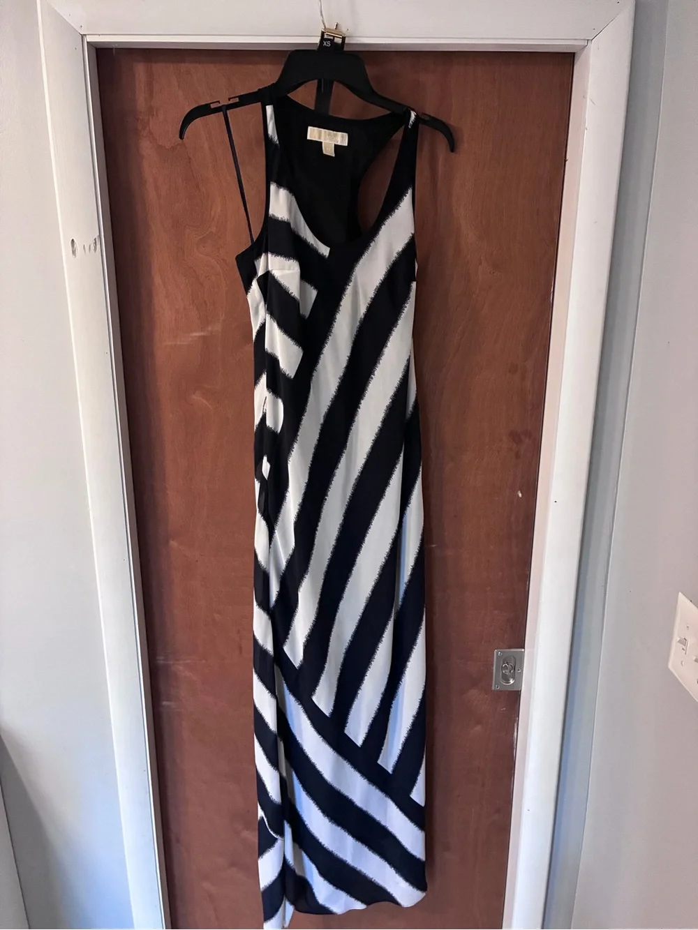MICHAEL Michael Kors Black and White Diagonal Stripe Maxi Dress with belt